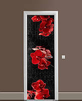 Декор дверей Наклейка Красная орхидея под кирпич виниловая пленка с ламинацией 60*180 см Цветы Черный