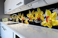 Виниловый кухонный фартук Желтые Орхидеи на черных камнях (скинали для кухни наклейка ПВХ) Цветы 600*2000 мм