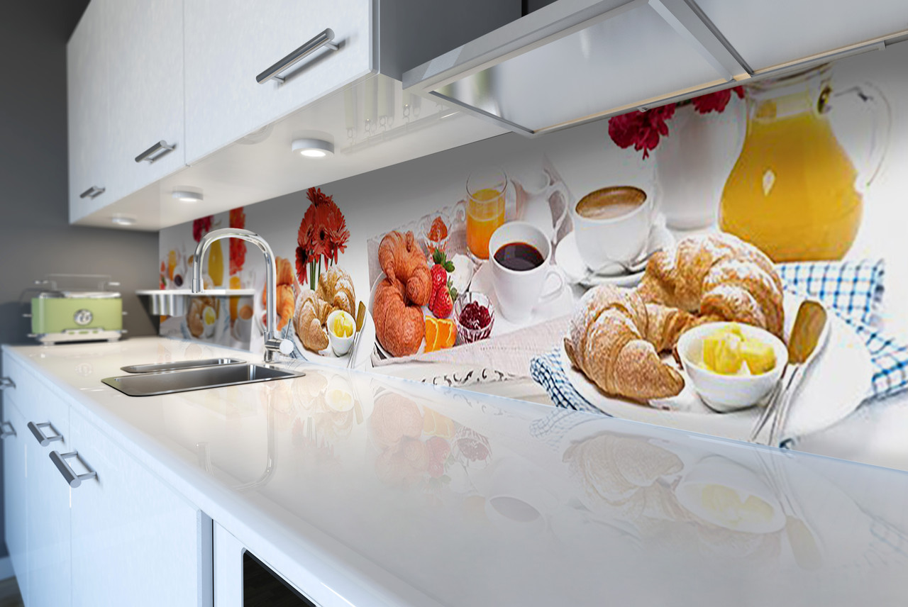 Виниловый кухонный фартук Круасаны скинали для кухни ПВХ выпечка красные герберы завтрак Белый 600*2000 мм - фото 6 - id-p1876109193