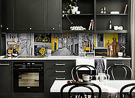 Кухонный фартук ПВХ самоклеющийся Желтый трамвай Лиссабон (скинали кухни наклейка ПВХ) коллаж серый 600*2000мм