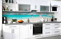 Виниловый кухонный фартук Дельфин Мальдивы пленка ПВХ скинали 3Д белый песок пляж Море Голубой 600*2000 мм