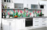 Виниловый 3Д кухонный фартук Пышные Тюльпаны пленка ПВХ скинали розовые белые Цветы Голубой 600*2000 мм