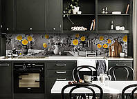 Кухонный фартук Желтый акцент (виниловая пленка наклейка скинали ПВХ) розы цветы кувшины Серый 600*2000 мм