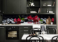 Кухонный фартук самоклеющийся Алая орхидея Черные камни скинали для кухни наклейка ПВХ черный 600*2000 мм