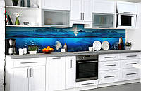 Виниловый кухонный фартук Море в разрезе самоклеющаяся пленка ПВХ скинали 3Д аквариум под водой Синий 600*2000