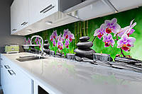 Кухонный фартук Тайский Релакс (виниловая пленка наклейка скинали ПВХ) орхидеи камни свечи Зеленый 600*2000 мм