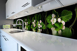 Вініловий кухонний фартух Квіти Яблуні Відображення Плівка самоклеюча ПВХ на темному тлі Зелений 600*2000 мм