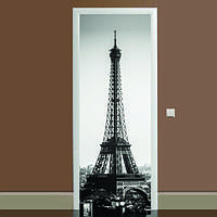 Наклейка на дверь черно-белая Эйфелева башня 01 фотопечать виниловая пленка ПВХ декор двери скинали 60*180 см