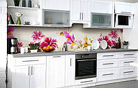 Кухонный фартук 3Д пленка Акварельные цветы Лилии фотопечать наклейка на стену 60х200см бутоны Розовый