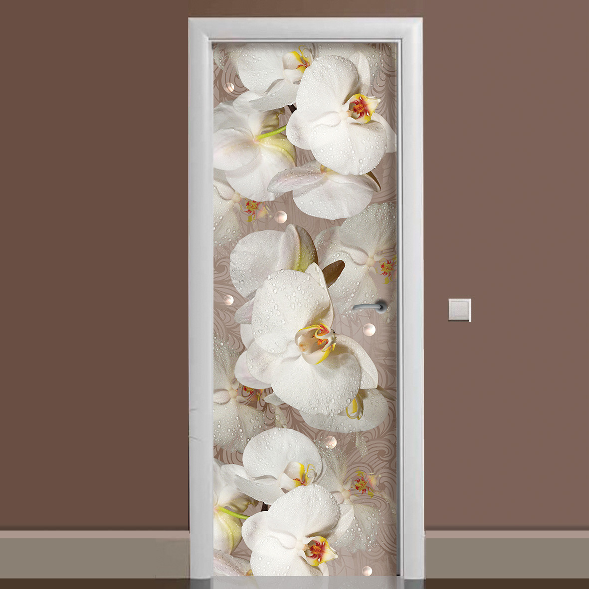 ПВХ наклейка на двері Орхідея і краплі роси ламінована подвійна плівка фотодрук квіти білі 60*180 см