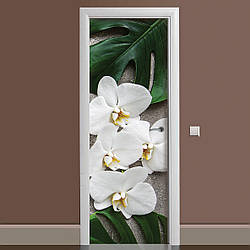 ПВХ наклейка на двері Орхідея Монстера ламінована подвійна плівка фотодрук квіти білі 60*180 см