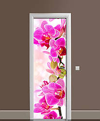 Вінілова 3D наклейка на двері Рожева Орхідея інтер'єрна самоклеюча плівка ПВХ великі квіти 60*180 см