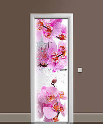 Вінілова 3D наклейка на двері Орхідея Сакраменто інтер'єрна плівка ПВХ рожеві квіти 60*180 см