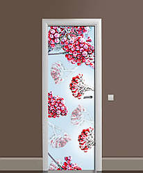 Вінілова 3D наклейка на двері Морозна Калина інтер'єрна плівка ПВХ іній ягоди блакитний 60*180 см