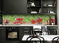 Виниловый кухонный фартук Клубника на столе Самоклеющаяся пленка ПВХ красные ягоды 3Д Зеленый 600*2000 мм