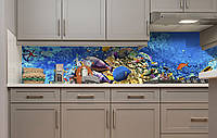 Виниловый 3Д кухонный фартук Тропические Рыбы пленка ПВХ скинали подводный мир кораллы Голубой 600*2000 мм