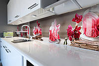 Виниловый кухонный фартук Розы в Колбе Самоклеющаяся пленка ПВХ под колпаком Цветы Розовый 600*2000 мм