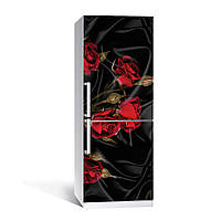 Виниловая наклейка на холодильник Роза Tassin двойная (пленка цветы красные розы черный шелк) 60х180 см