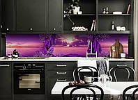 Виниловый кухонный фартук Фиолетовый Шелк декоративная пленка наклейка скинали ПВХ цветы сирень море 600*2000