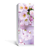 Виниловая наклейка на холодильник Цветы яблони двойная (пленка розовые цветы весна макро вишни) 60х180 см
