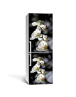 Виниловая 3D наклейка на холодильник Ветки Орхидей пленка ламинация ПВХ белые цветы на Черном 60х180 см