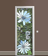 3Д наклейка на дверь Голубые Цветы витраж ПВХ самоклеющаяся виниловая пленка трава Зелёный 60*180 см