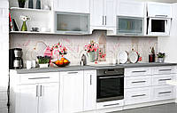 Кухонный фартук 3Д пленка Текстура под кирпич Розы фотопечать наклейка на стену 60х200см Цветы Розовый