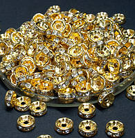 Намистини-розділювачі ронделі золото з прозорими стразами, 4 мм.