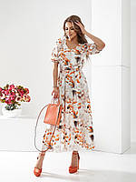 Длинное платье с разрезом до бедра в оранжевый цветочек арт. 483 цвет белый