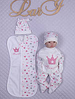 Набор для новорожденных "Короны" (человечек с европеленкой) - 4 предмета. Розовые короны