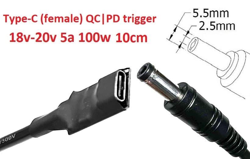 Перехідник для TS100, SH72, SQ-D60, SQ001, T12 на 20v (max 5a, 100w) на 5.5x2.5mm 8-10cm з USB Type-C (Female) Quick Charge Power