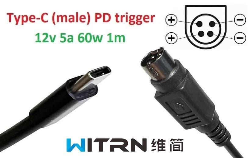 Перехідник на 12v (max 5a, 60w) 4pin LP (Kycon) 1m з USB Type-C (male) Power Delivery PD (WITRN) тригер (A class) 1 день гар.