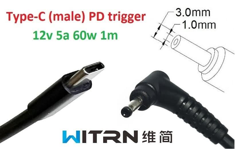 Перехідник на 12v (max 5a, 60w) 3.0x1.0(0.9/1.1)mm 1m з USB Type-C (male) Power Delivery PD (WITRN) тригер (A class) 1 день гар.
