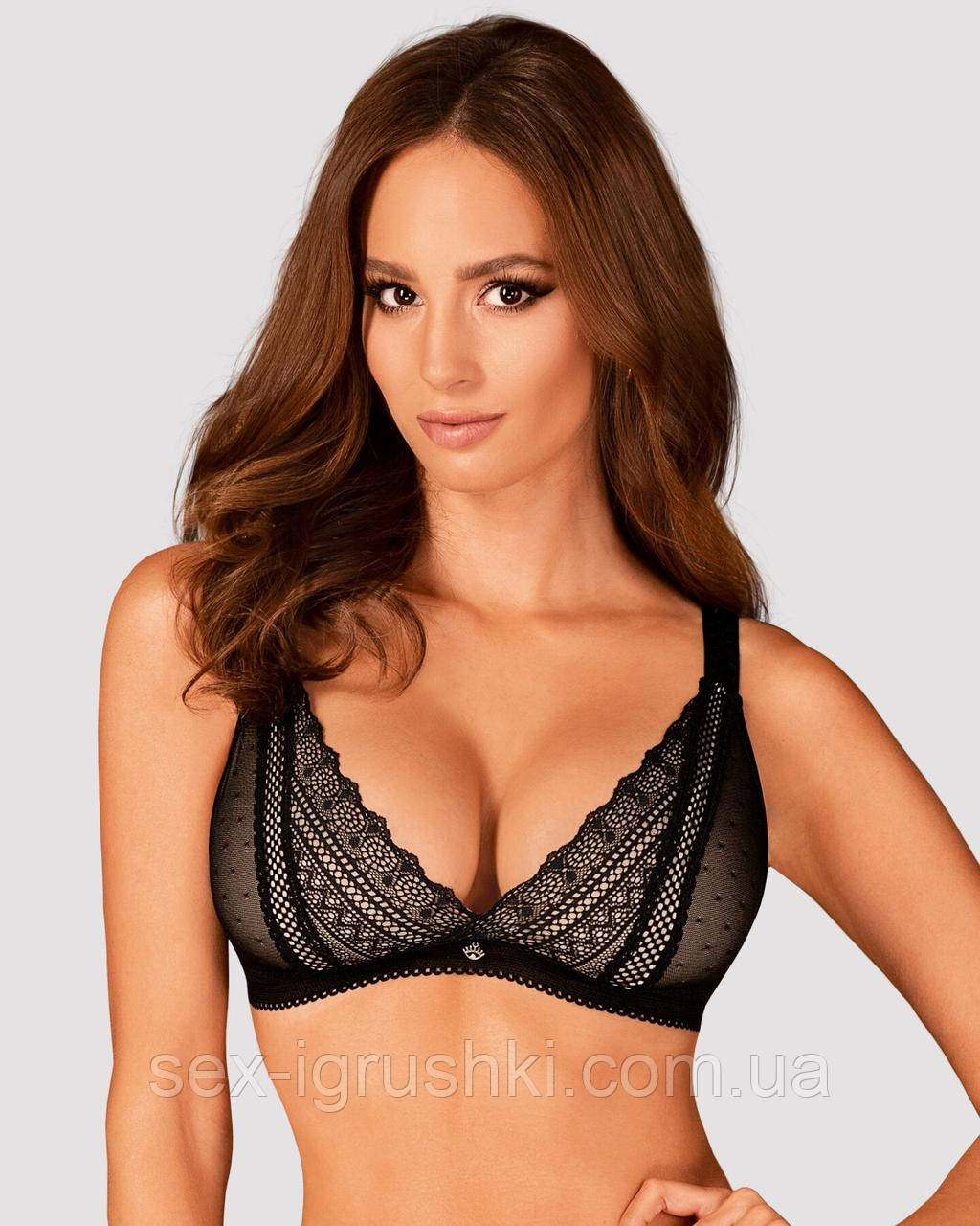 Мереживний бюстгальтер із трикутною чашкою Obsessive Estiqua bra XS/S, чорний, широкі лямки SO7258