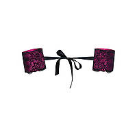 Атласні наручники-манжети на стрічках Obsessive Roseberry cuffs, pink, прикрашені мереживом SO7727