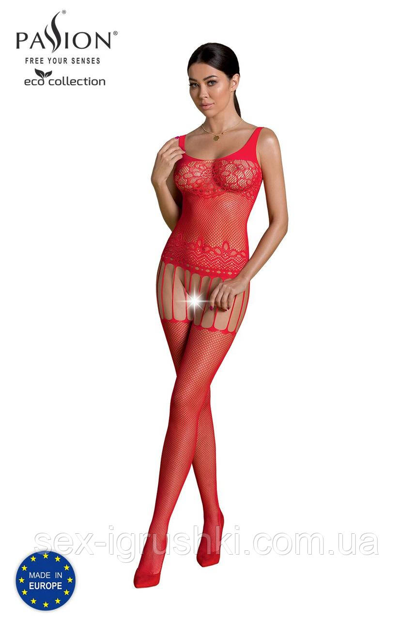 Бодістокінг Passion ECO BS001 One Size red, з доступом, імітація підв’язок, флористичний декор SO7066