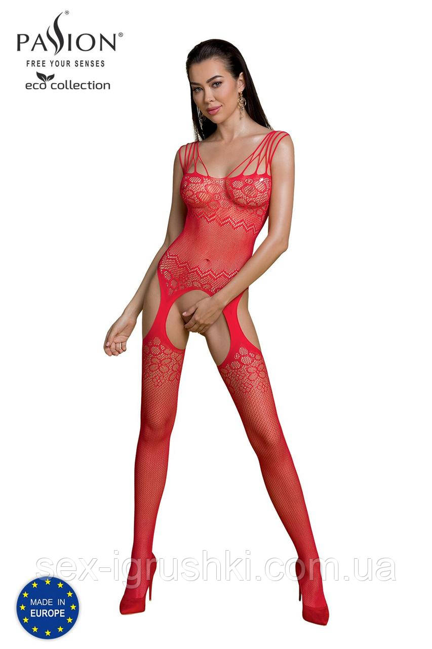 Бодістокінг Passion ECO BS004 red відкритий доступ, імітація підв’язок, квітковий декор SO7072