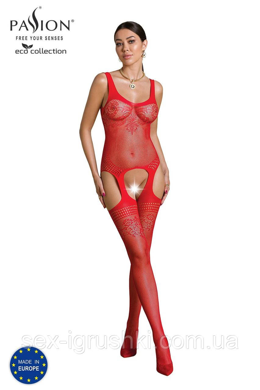 Бодістокінг Passion ECO BS008 red, з доступом, флористичний декор, імітація підв’язок SO7083