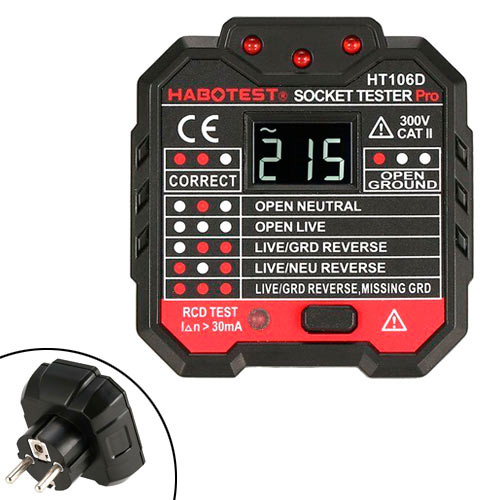 Тестер для розеток ПЗВ вольтметр мережевий розетковий HABOTEST HT106D, фото 1