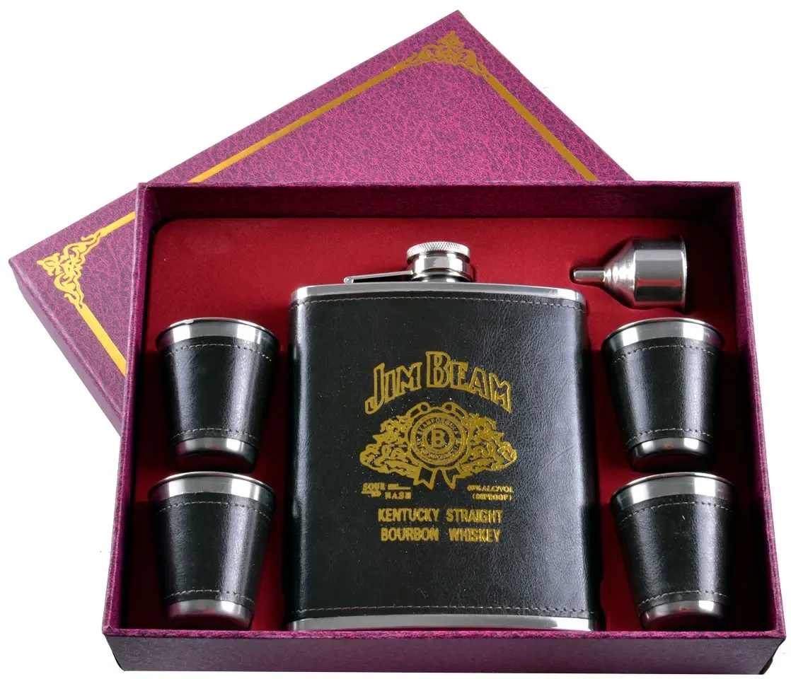Подарунковий набір 6в1 "Jim Beam" фляга (обтягнута шкірою), 4 чарки, лійка, 530мл, фото 1