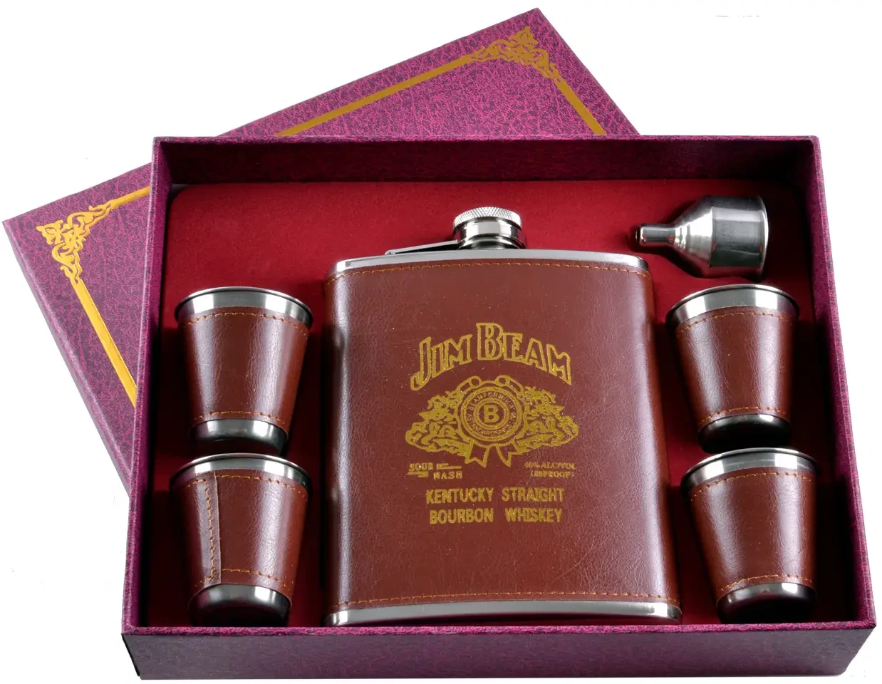 Подарунковий набір 6в1 "Jim Beam" фляга (обтягнута шкірою), 4 чарки, лійка, 530мл, фото 1