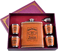Подарочный набор 6в1 "Jack Daniels" фляга (обтянута кожей), 4 рюмки, лейка, 530мл