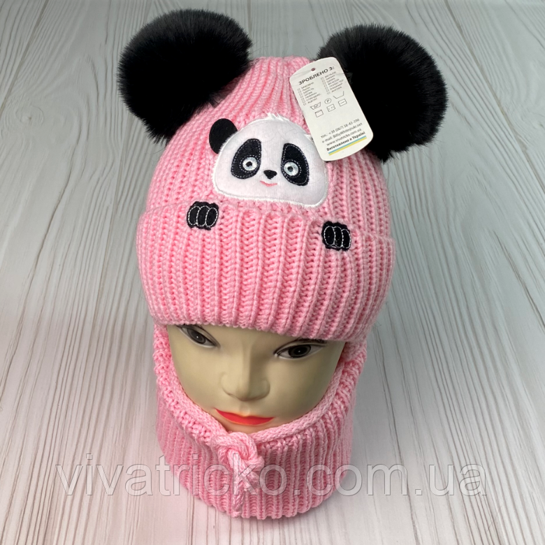 М 91012. Комплект зимовий для дівчинки шапка із зав'язками та баф "ПАНДА", різні кольори (1-5 років)