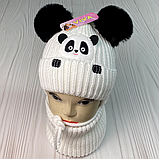 М 91012. Комплект зимовий для дівчинки шапка  з завязками иі баф "ПАНДА" , різні кольори(1-5 років), фото 2