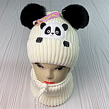 М 91012. Комплект зимовий для дівчинки шапка  з завязками иі баф "ПАНДА" , різні кольори(1-5 років), фото 4