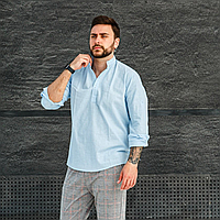 Чоловічі натуральні льняні сорочки з коміром, стильна льон сорочка поло блакитна Туреччина