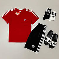 Мужской летний костюм Adidas Футболка + Шорты + Шлепацы + Носки комплект Адидас красный с черным