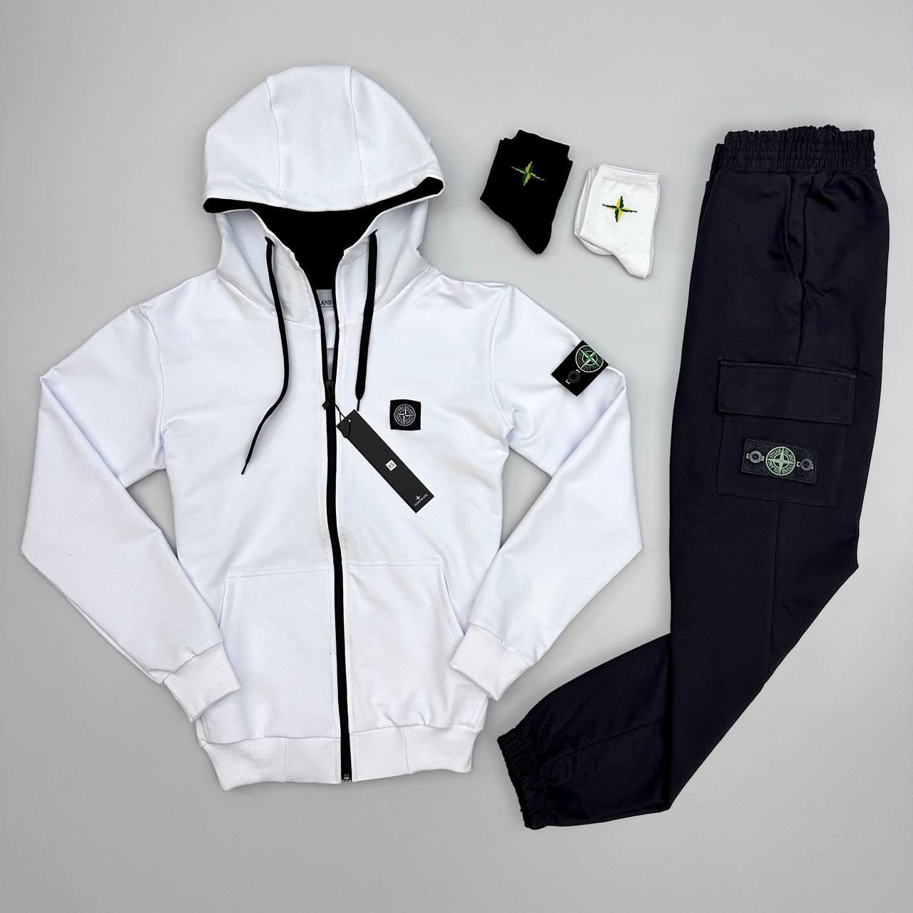 Чоловічий спортивний костюм Stone Island Толстовка + Штани чорно-білий на блискавці Стон Айленд, фото 1