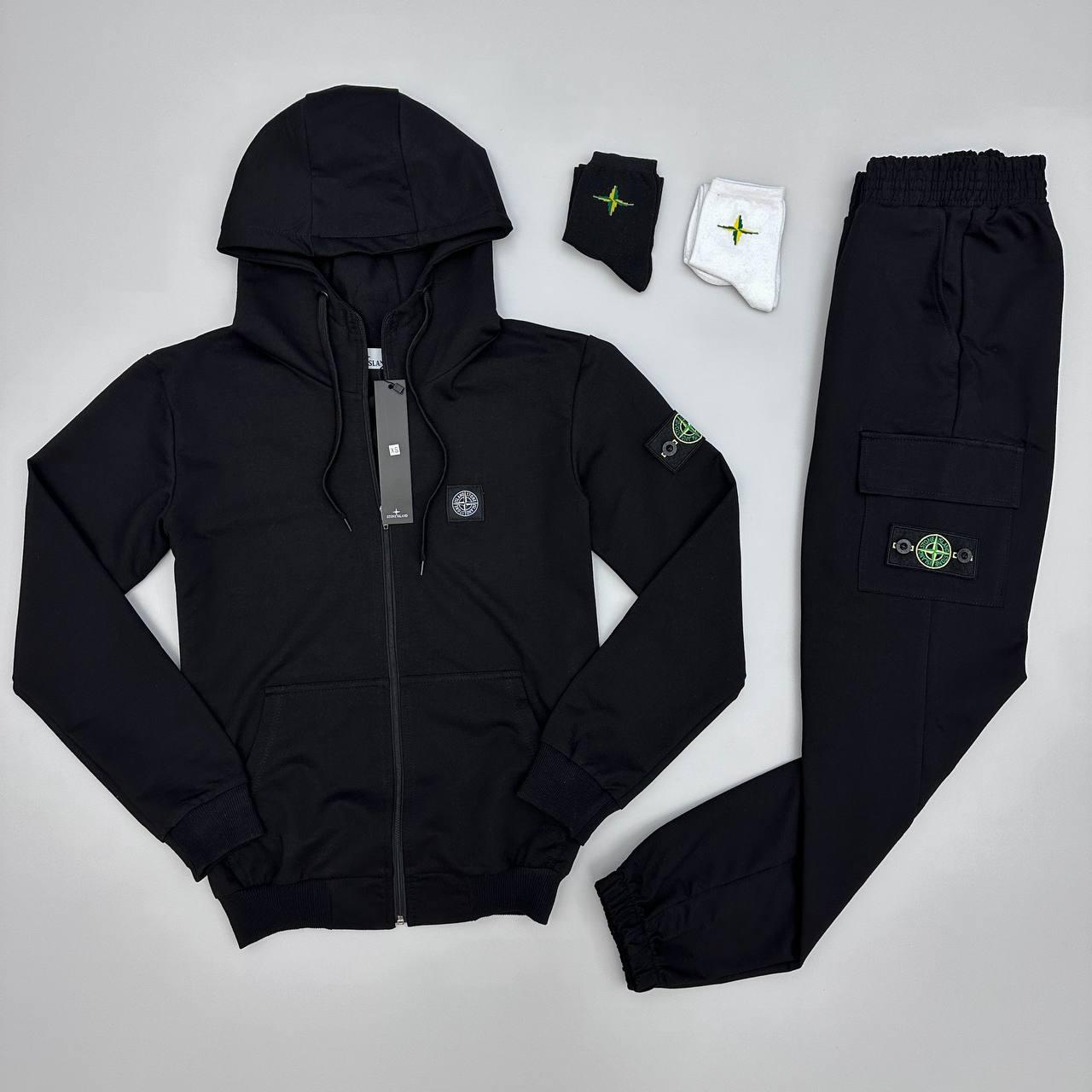 Чоловічий спортивний костюм Stone Island Толстовка + Штани чорний з капюшоном на блискавці Стон Айленд, фото 1