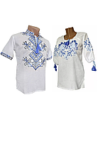 Рубашка женская домотканая вышитая Белая Вышиванка голубые цветы Family Look р.42 - 60